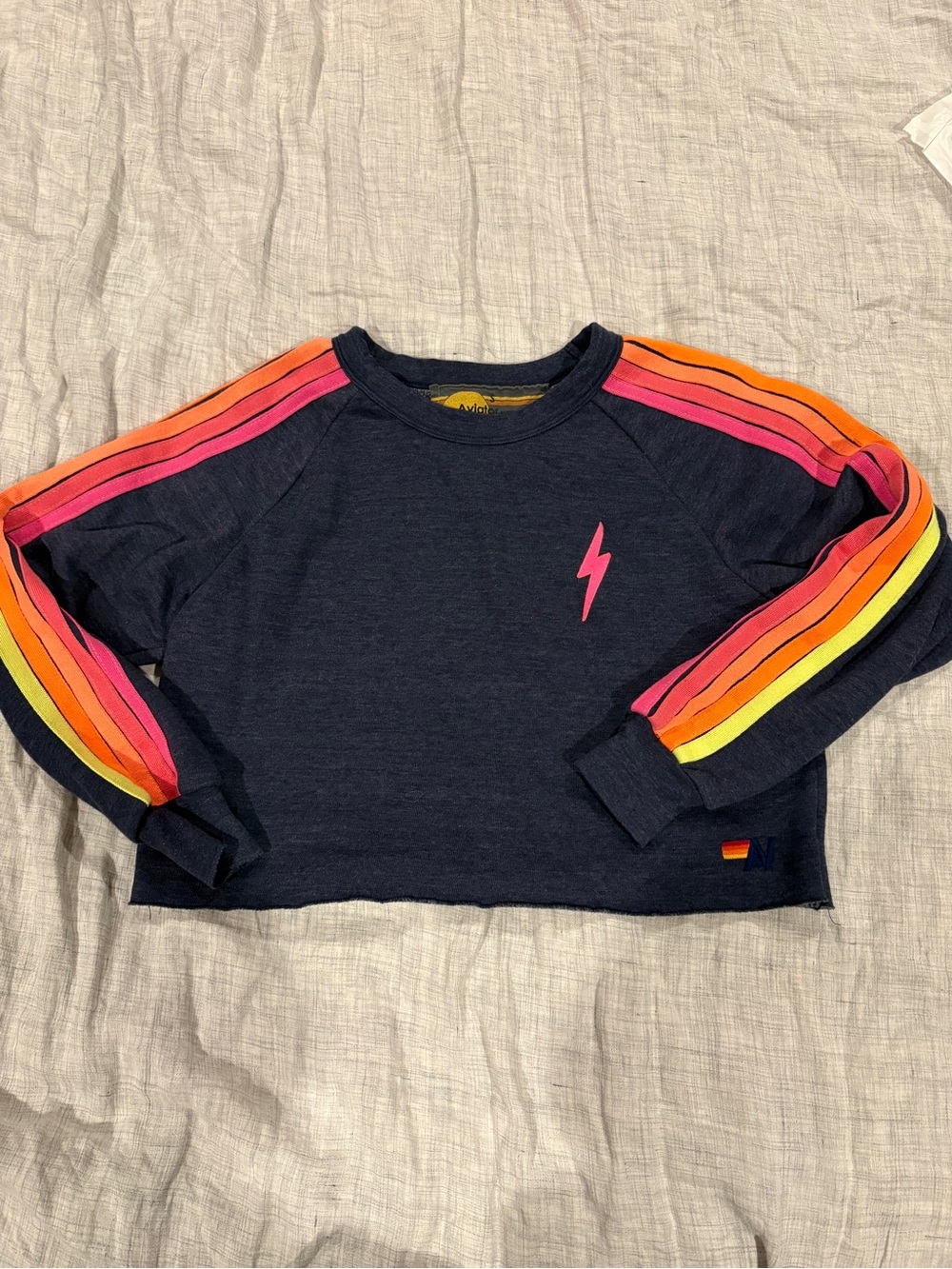 Aviator Nation Crop Navy Pullover with Neon Rainbow Stripe Sleeves